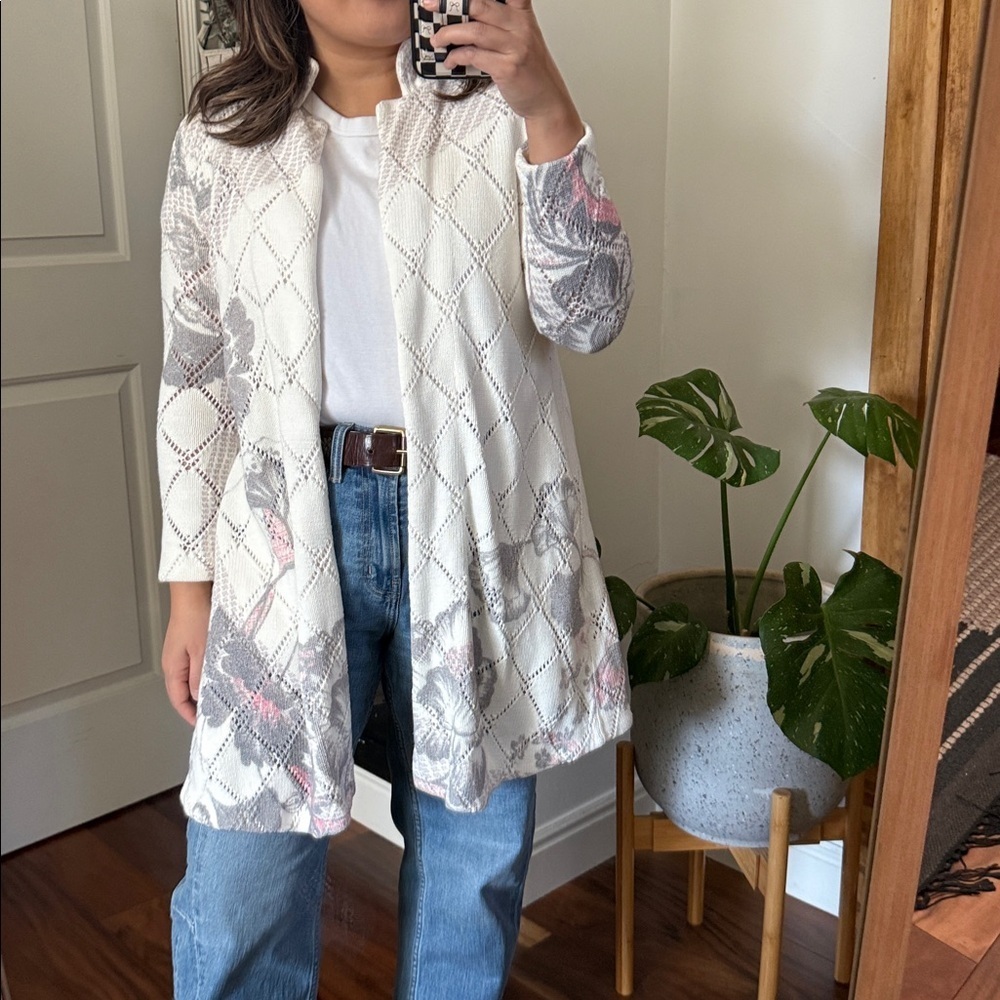 Anthropologie Knitted & Knotted Longline Floral Print Knit Cardigan Sweater. XS